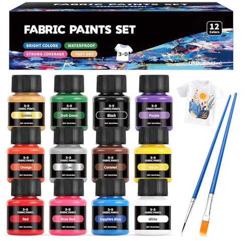 Fabric Paints Permanent for Clothes, 12 Colours Fabric Paint Set,12*25ml | Fabric & Textile Paints, Waterproof Fabric Paint, Suitable for Painting Clothes, T-shirts, Bags, Strong Covering Ability