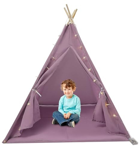 Tente pour Enfants Pliable Interieur Tipi Enfant avec Tapis et Fenêtre, Starlight,pour Salon,Chambre d'enfant, Chambre à Coucher, Camping (Violette)