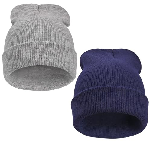 SGQTZDZQ 2 Pcs Kids Beanie Hat, Warm Toddler Hat Caps for Kids, Knit Unisex Winter Hat for Children Boys Girls for Ski Running Daily Sports (Navy+Grey)