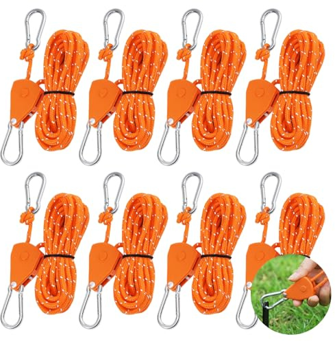 8 puleggia con freno a corda, 4 m, cricchetto regolabile, corde di tensione φ 4 mm, tenditore con moschettone per tende da campeggio