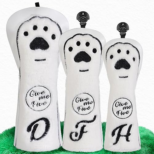 Set di 3 coperture per mazze da golf in legno, DFH DR FW UT, per driver Fairway Hybrid con chiusura elastica n. Tag, in pelle sintetica bianca, design a zampa a filo