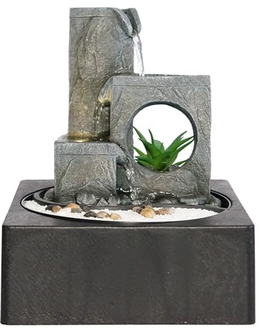 Dehner Zimmerbrunnen Mana, Indoor-Brunnen, mit LED-Beleuchtung, ca 23x27x23 cm, Polyresin, grau