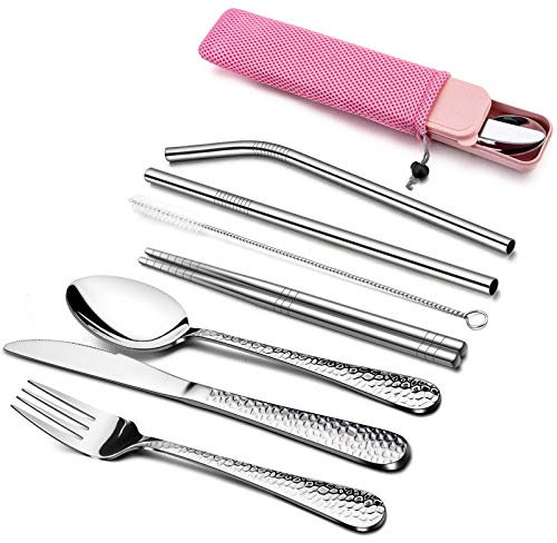 HaWare 9 Piece Individual Portable Hammered Cutlery Sets, Stainless Steel Camping Travel Flatware for 1 with Knife, Fork, Spoon, Chopsticks, Cleaning Brush, Straws, Portable Case & Bag (Pink)