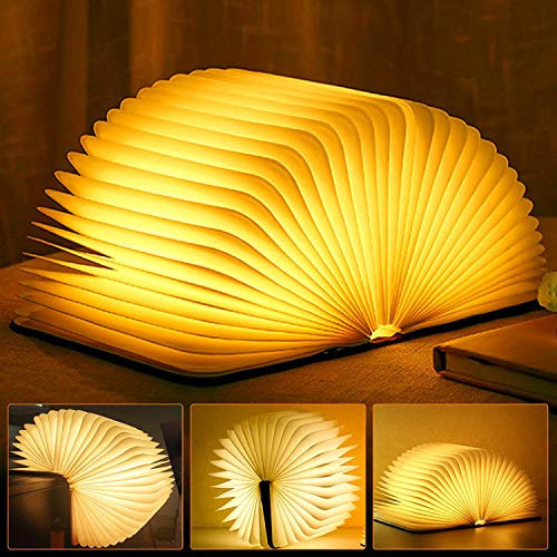 Libro Lámpara LED, Luces Plegables de Madera 360°, USB Lámpara Portatil de Libro Recargable 2000 capacity , para Luz de Lectura, Lámpara de Mesita de Noche, Regalo Cumpleaños y Navidad, Blanco Cálido