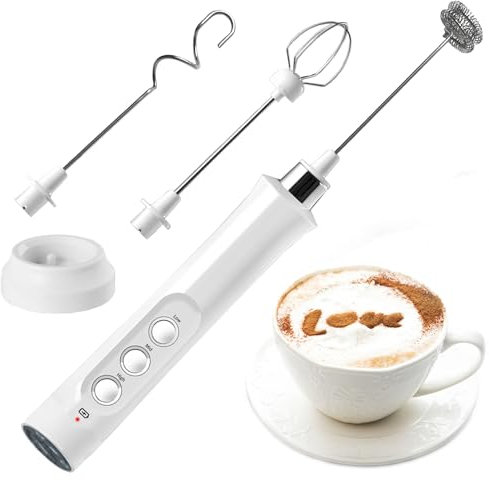 YEAHTOP Espumador de Leche Eléctrico de Mano Moderno con 3 Velocidades, Incluye 3 Cabezales, Mini Batidora Blanca Recargable Para Espumar Café, Batir Huevos y Mezclar