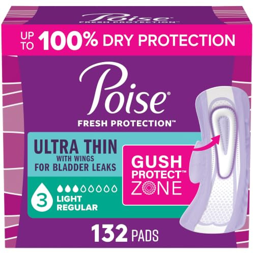 Poise Ultra Thin Incontinence Pads for Women, 3 Drop, Wings, 132 ct