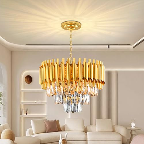 Lámpara de Araña de Cristal Moderna, Negro y Dorado Ronda de cristal colgante de iluminación, 3-Tier Raindrop Chandelier Light Fixture para la sala de estar, comedor, dormitorio, E14 x 5, D40cm