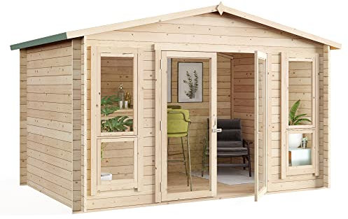 BillyOh Sasha 12 x 8 Log Cabin Summer House Shed – Wooden Garden Room with Apex Roof, Double Doors, Floor, Roof & Felt | Outdoor Office, Home Studio, Tiny Home & Lounge, Easily Assembled Garden House
