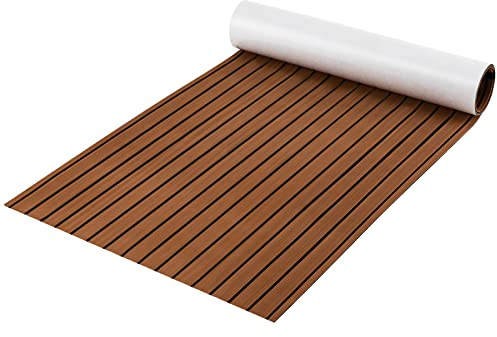 COSTWAY Boat Flooring EVA Foam, Self-Adhesive Non-Slip Marine Carpeting Mat, Faux Teak Decking Sheet for Yacht Kayak Motorboat Motorboat Swimming Pool (240 x 90cm, Brown with Straight Seam Lines)