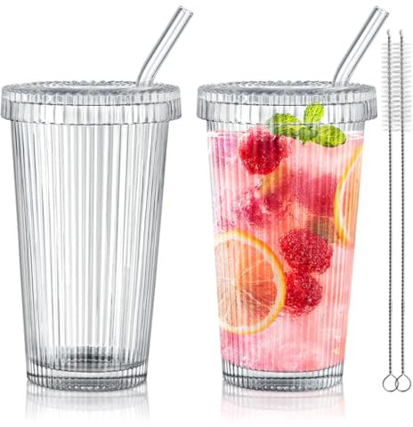 Joeyan 375ml Klare Trinkbecher mit Deckel und Strohhalm, 2er Set Gerippte Glas Kaffeebecher mit Glasdeckel für iced coffee Saft latte wasser bubble tea, Dick Trinkgläser für Büro Zuhause Nachttisch