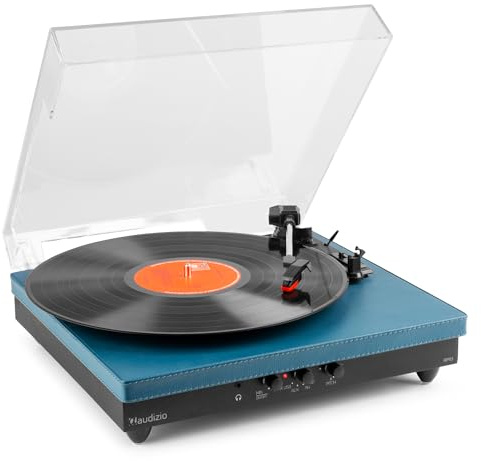 Audizio RP113D Platine Vinyle Bluetooth avec Haut-Parleurs Intégrés - Cuir Bleu Foncé, 33, 45 et 78 Tours, Émetteur Bluetooth, Une Platine Idéale pour Décorer et Écouter Vos Vinyles