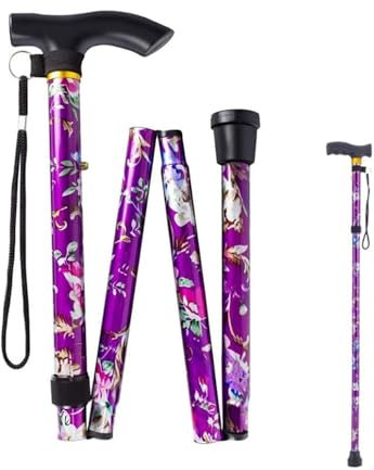 Canne de Marche Pliable Femme,Canne de Marche Fleur Pliante Baton Fleur Luxe Coloured Pliante Walking Stick Canne de Marche Femme Réglable pour Marche Nordique Alpinisme Ski Trekking Fleurs Violet