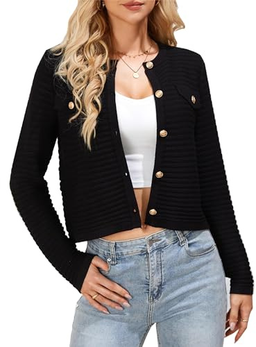 GRACE KARIN Gilet à Manches Longues pour Femme Cardigan Ajouré à Col Rond Haut Tricoté avec Boutons Dorés Top Rayé Femme Chic et Élégant