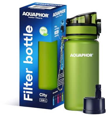 AQUAPHOR City | Kleine Trinkflasche mit Wasserfilter 350 ml Grün | Kompakt, leicht & BPA-frei | Für Kinder und unterwegs geeignet | Filterflasche mit Aktivkohlefilter | Perfekt zum Schulstart