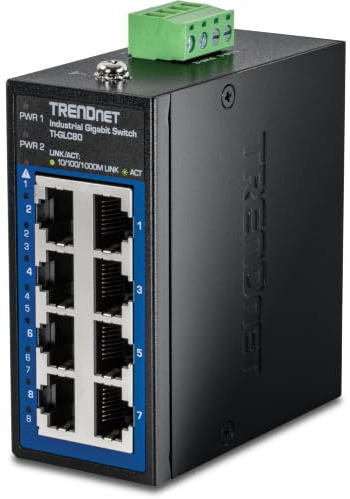 TRENDnet 8-portars industriell gigabit DIN-rail mini-switch, TI-GLC80, 8 x Gigabit-portar, extrem temperatur IP30-klassad, 16 Gbps omkopplingskapacitet, svart