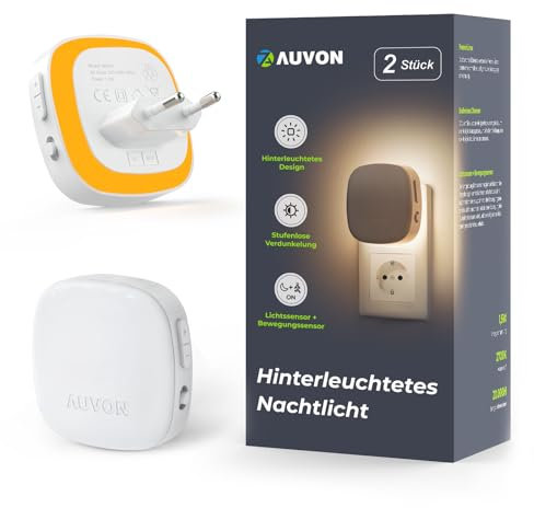 AUVON Nachtlicht Steckdose mit Bewegungssensor und Dämmerungssensor, 2 Stück Warmweißes LED hinterleuchtete Nachtlicht mit 1-50 lm, Helligkeit Einstellbar für Flur, Treppe, Schlafzimmer (Bernstein)