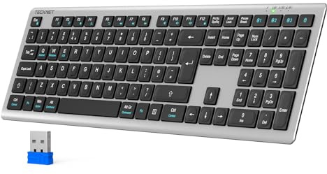 TECKNET Wireless Keyboard, Rechargeable 2.4GHz USB Bluetooth Keyboard for 4 Multi Devices, Ultra Slim Full Size UK Layout Keyboards for Laptop, Computer, Tablet, Desktop, Phone