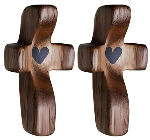 Crosss My Heart – 2 pezzi in legno naturale palmare con croce, piccole croci di preghiera per il trasporto, gadget antistress, regalo di incoraggiamento religioso cristiano per pregare e stringere