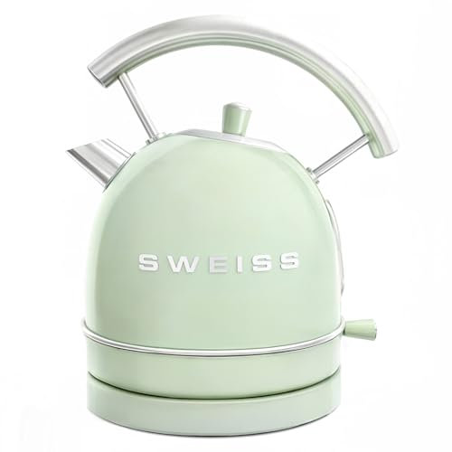 SWEISS Bollitore elettrico vintage KTL7, 1,8L, acciaio inox, compatto, pratico, 2200W, Ebollizione rapida, Livello dell'acqua visibile e graduato, Spegnimento automatico, Base 360°, Verde