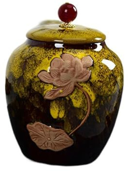 Vintage Tea Jar,Chinese Style Storage Jars,Ceramic Coffee Canisters,Food Storage Container,Sealed Pot with Lid for Kitchen(Yellow)