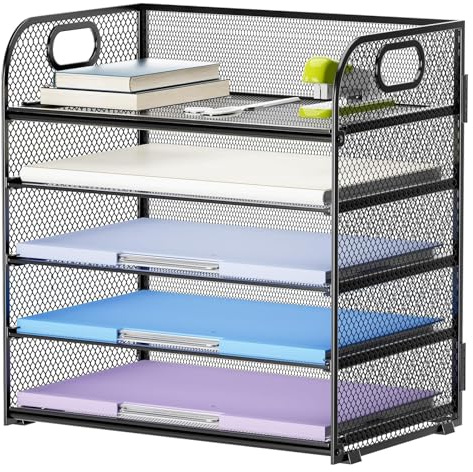 Marbrasse Organizer da Scrivania,5-Livelli Vassoio Porta Documenti per Lettere in Rete con Maniglia,Organizzatore Scrivania,Supporto Rack Archiviazione per Ufficio,Casa Scuola(Nero)