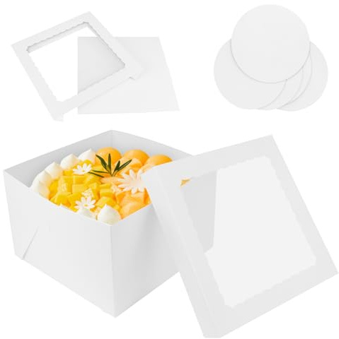 KILDOWS 5 Piezas Cajas para Tartas, Caja Tarta con Ventana Transparente Cajas de Cartón Blanca con Plato Redondo Recipiente para Tartas Pasteles Galletas Cumpleaños Bodas Fiestas(30.5 x 30.5 x 20 cm)