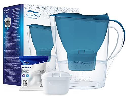 Aqualogis Wasserfilter hellgrau inkl. 1 Pure+ Filterkartusche – Filter in modernem Design zur Reduzierung von Kalk, Chlor & geschmacksstörenden Stoffen (Blau)
