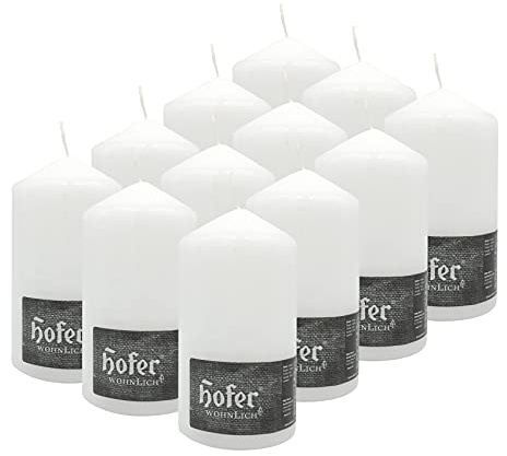 Hofer Velas Pilar - 8 x 15 cm - Juego de 12 Velas Grandes Decorativas - Color Blanco - Tiempo de Combustión 60 Horas - No Gotear, No Perfumadas - Calidad RAL