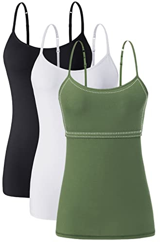 Ymmchy Women Camisoles Adjustable Strap Tank Top with Shelf Bra Cami Vest Cotton Undershirts 3 Pack Black/White/ArmyGreen XL