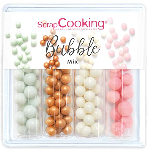 SCRAP COOKING, Décors Sucrés « Bubble Mix » 62g, Assortiment 4 Variétés : Turquoise, Doré, Blanc, Rose, Décorations Perles Pâtisserie, Desserts, Gâteaux, Cupcakes, Anniversaires, Cake Design - 7515