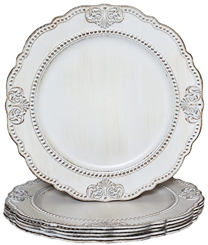 Spsyrine Antique White Charger Plates, Set of 6 Embossed Baroque Chargers for Dinner Plates, Wedding, Party