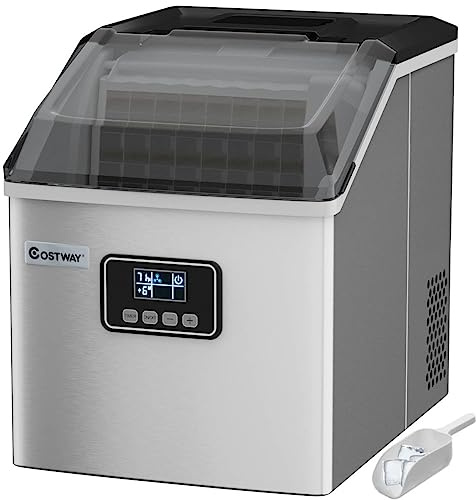 COSTWAY 22kg(48lbs)/24H Ice Cube Maker, Stainless Steel Counter Top Ice Machine with Automatic Self-Cleaning, Timer Function, Water-shortage and Ice Full Flash, Ice Scoop & Basket for Home Office Bar