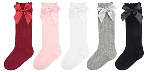 DRESHOW Knähöga Strumpor För Barnflickor Småbarn Klädsockor Baby Bow Stocking Bomullsstrumpor för Spädbarn