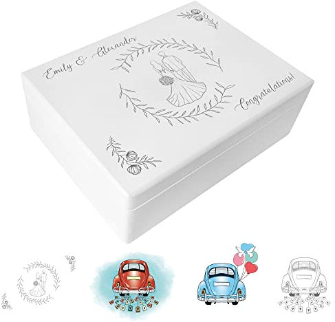 Creative Deco Weiße Geschenk zur Hochzeit | Erinnerungsbox Hochzeit | Personalisiert Geschenkkiste für Brautpaar JGA | Mehrere Hochzeit Motiv | Holzkiste mit Deckel | Farbdruck | 40 x 30 x 14 cm