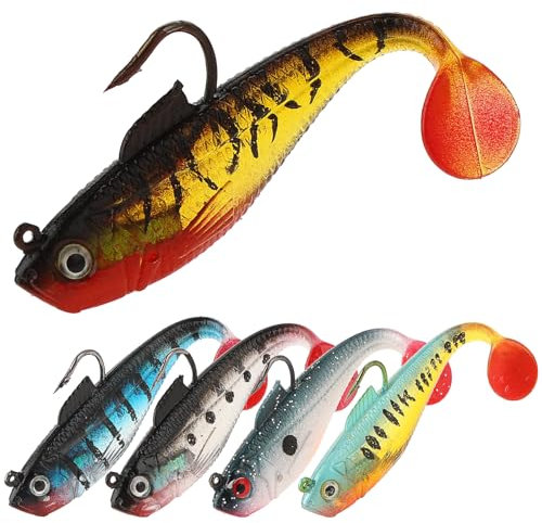 TIESOME Kunstköder Angel Köder Wobbler Set, 5 Stück vormontierter Jigkopf weiche Angelköder Wolfsbarsch Makrele Angelköder mit Paddelschwanz für Hecht Barsch Zander Angeln Köder