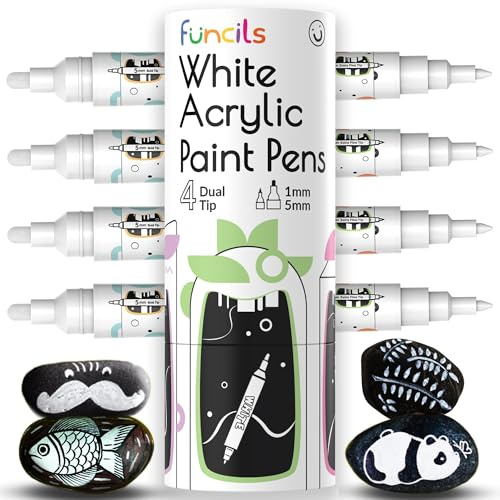 Funcils 4 White Acrylic Paint Pen for Wood, Dual Extra Fine Tip & Medium | Permanent Ink - White Acrylic Markers for Fabric, Glass, Canvas, Plastic, Ceramic, Rocks, Colouring Book Art - Quick Dry