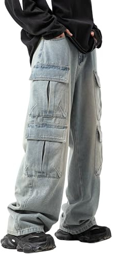 VOLYMOON Jean Baggy Y2k Hip Hop Demin Cargo Pantalon Grunge Jnco Jeans Loose Fit Cargo Jeans Streetwear, A#Bleu., Taille L