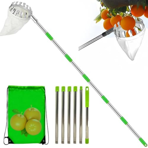 NEWFUN Recoge Frutas Telescopico,Recogedor De Frutas,4.2m, Acero Inoxidable,con Bolsa De Tela,Pinza para Fruta Fácil De Montar,Recogedora De Fruta Que Ahorra Trabajo para Manzanas,Peras y Melocotones