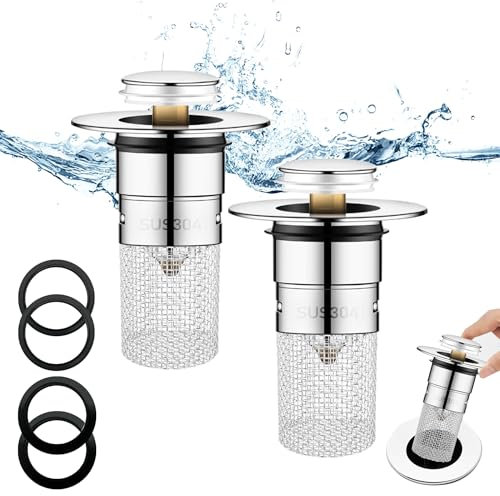 2 stycken Pop-Up Sink Plug, universal popup proppar tvättställ, rostfritt stål Tvättställsproppar, Dräneringsplugg, handfatsproppar, Nätpåse med filterkorg, för avloppssats, diskbänk, kök (34–40 mm).