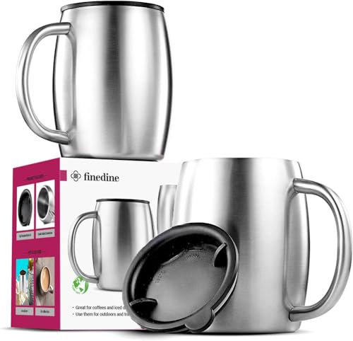 GARUET Insulated Stainless-Steel Coffee Mug with Lid and Handle (2 Pk) 400 ml - BPA-Free Spillproof Lid, Double-Wall Camping Travel Coffee Mugs (Brushed Stainless Steel, 400 ml)
