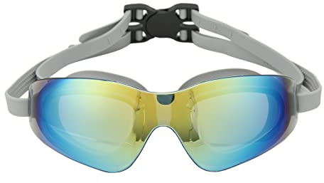 equlup Gafas de natación, antivaho, con espejo de policarbonato, lentes HD, gafas de natación de gel de silicona sin fugas, con correa ajustable para hombres y mujeres (gris)