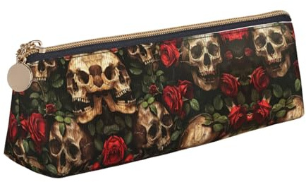 UVBDF Skull and Red Rose School Pencil Cases Pouch for Kids with Zipper,Small Simple Pen Pouches,Cosmetic Makeup Case