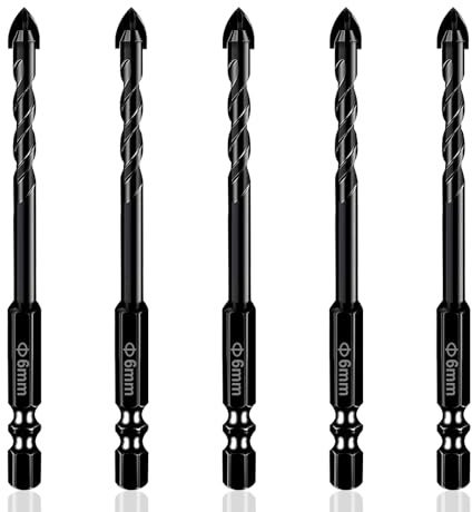 Flintronic Fliesenbohrer 6 mm, 5-teilig Glasbohrer Steinbohrer Bohrer Set, Wolframkarbid Bohrwerkzeug mit Sechskantschaft für Fliesen, Keramik, Glas, Kunststoff, Holz, Harte Materialien(Schwarz)
