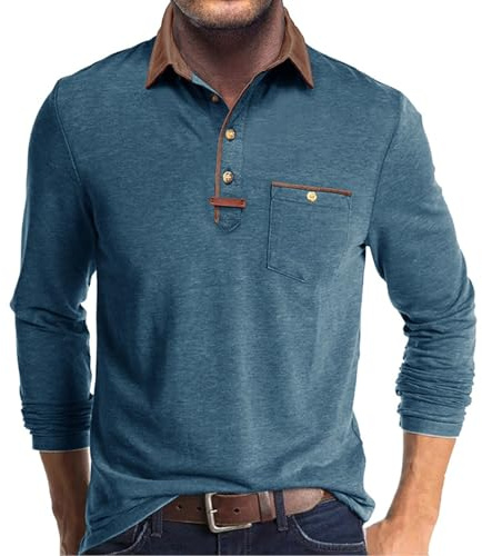 Volemo Mens Long Sleeve Polo Shirts Casual Smart Tops Blue XL