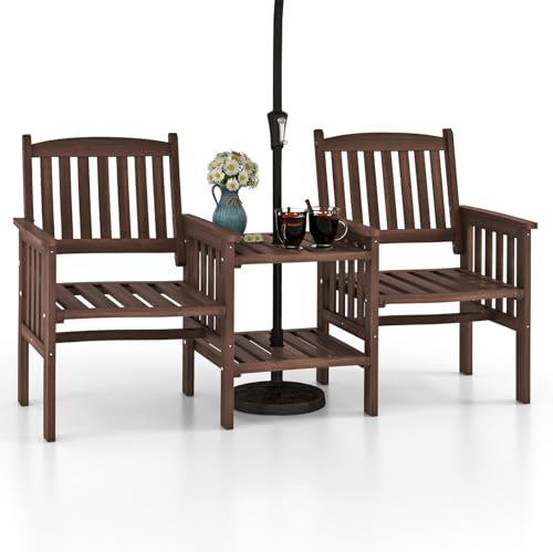 KOMFOTTEU Juego de Bistró de Madera de Abeto, Conjunto de Muebles de 3 Piezas con Mesa Central con Orificio para Sombrilla, Juego de Jardín para 2 Personas, para Balcón, Terraza, Patio (Marrón)