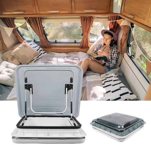 Ventana de techo para autocaravanas de aluminio de 500 × 500 mm o 700 × 500 mm con LED y persiana, doble cristal acrílico. Soporte hidráulico suave, ventilación de 70°, impermeable Grey-500*500mm