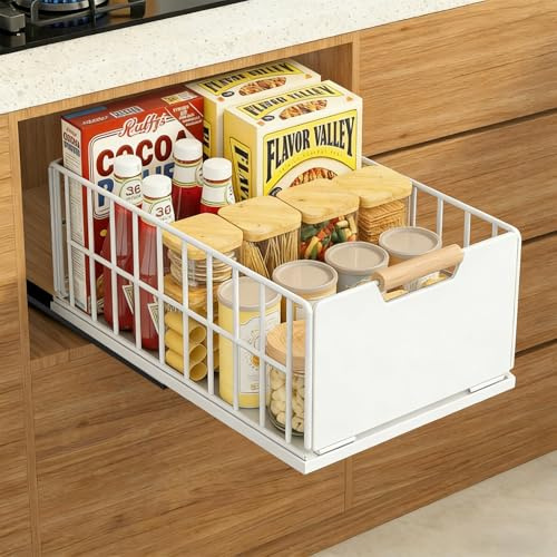Teleskopschublade Ausziehbare Schublade Küche, Slide Out Schubladen Organizer Mit Schubladenschienen und Kleber, Metall Pull Out Drawer für Küchenschränke(40T x 25B x 18H CM) - Ohne Bohren