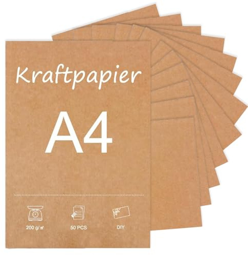 Lot de 50 feuilles de papier kraft A4 marron - 200 g - Carton naturel de qualité supérieure comme papier cartonné, papier de bricolage, carton photo