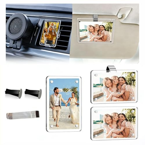 xolear 3 Piezas Acrílico Marcos Magnéticos 6x9cm con Clips y Adhesivo para Parasoles y Rejillas de Ventilación de Coches, Portafotos Magnético Pequeño se Puede Usar Horizontal o Verticalmente