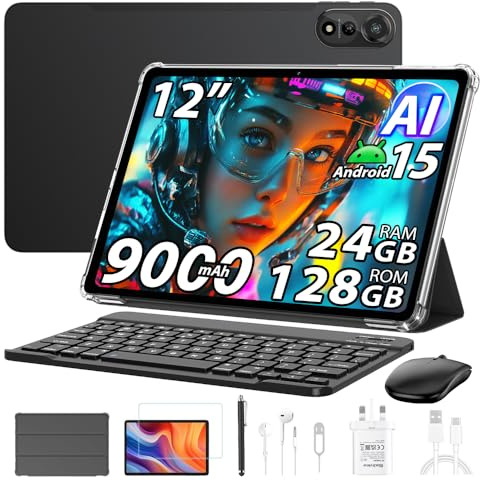 Blackview Mega 2 12 Pulgadas Tablet con Teclado y Ratón, 24GB+128GB/2TB Juegos Tablet Android 15, 2.4K FHD+, 4G LTE,5G WiFi, 9000mAh Juegos Tabletas, Modo PC/OTG/3.5mm, Funda+lápiz Inteligente, Negro